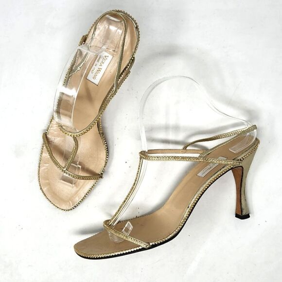 VERA WANG Rhinestone Strappy Minimalist Gold Sandals Size 9 - Picture 1 of 13